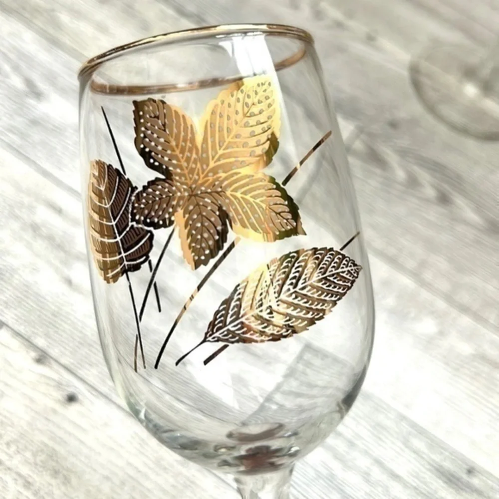 Libbey Mid Century Gold Leaf Stemmed Wine Glasses Set of 4